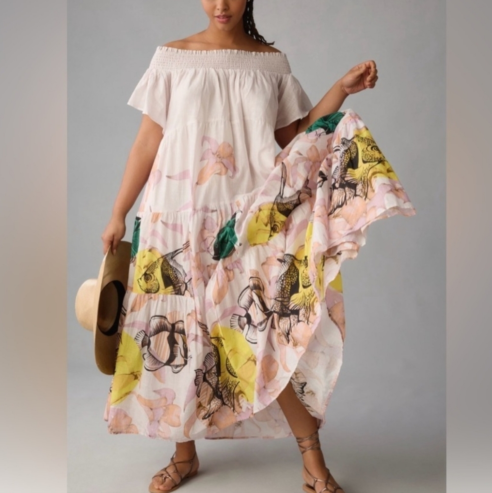 Anthropologie Tiered Off-Shoulder Maxi Dress in Pink, Yellow, Green